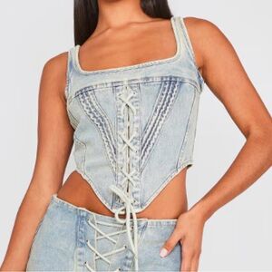 PLT Denim vintage wash laced front square neck corset top Size 8 NWT